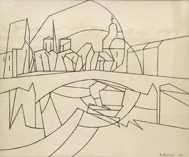 Andre Beaudin (1895 - 1979) French Ink On Paper: Andre Beaudin (1895 - 1979) France ink on paper painting. Depicts a modern city cubist image Titled " Three Monuments ". Signed A. Beaudin and dated 1949 lower right. New York gallery labels on