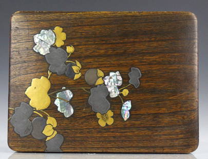 Japanese Inlaid Wooden Mother of Pearl Letter Box: Beautiful letter or keepsake box. Crafted of hard wood. Features leaf details in copper color and silver color as well as mother of pearl. Inside of box is lined with fabric. Good condition. Measures