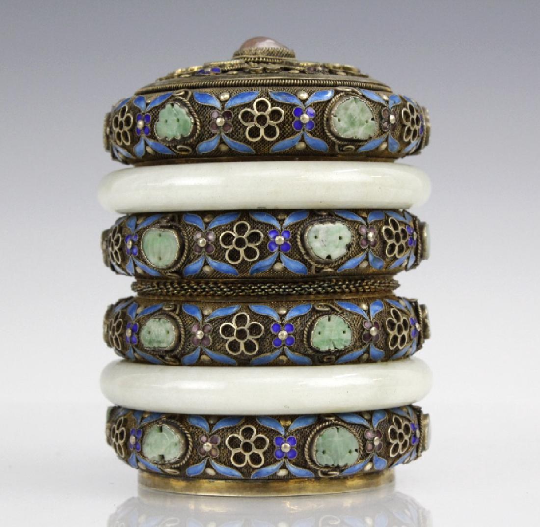 Chinese Silver Enamel White Jade Bracelet Mounted Box (1 of 8)