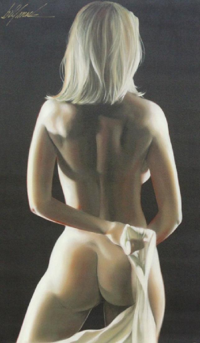 Bill Mack Signed Figural Female Nude Giclee Painting: Bill Mack (born 1949) nude human figural painting. Giclee print on canvas of woman's nude torso. Signed upper left. Limited edition of 95. Image measures 29" x 17 1/2". Frame measures 39 1/2" x 27". V
