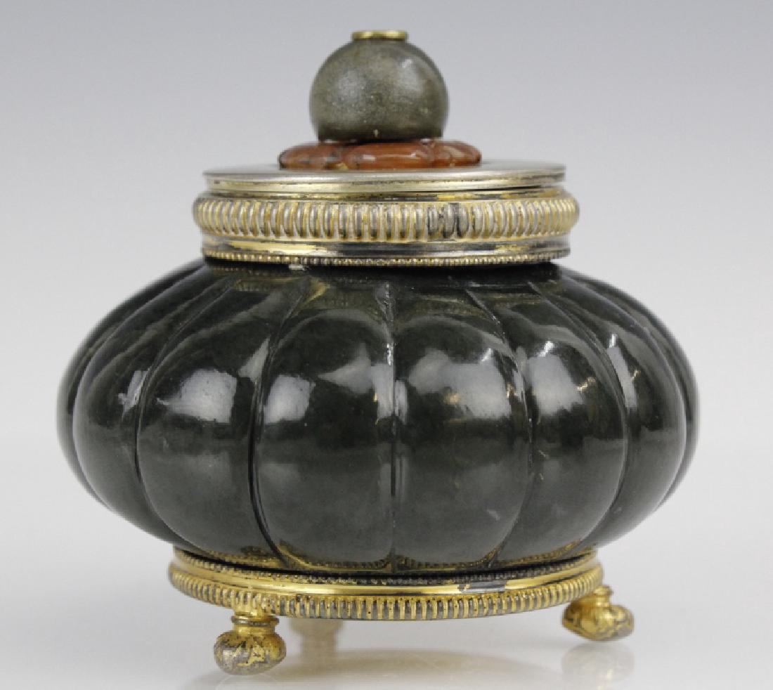 Sterling Silver Mounted Spinach Jade Agate Inkwell (1 of 9)