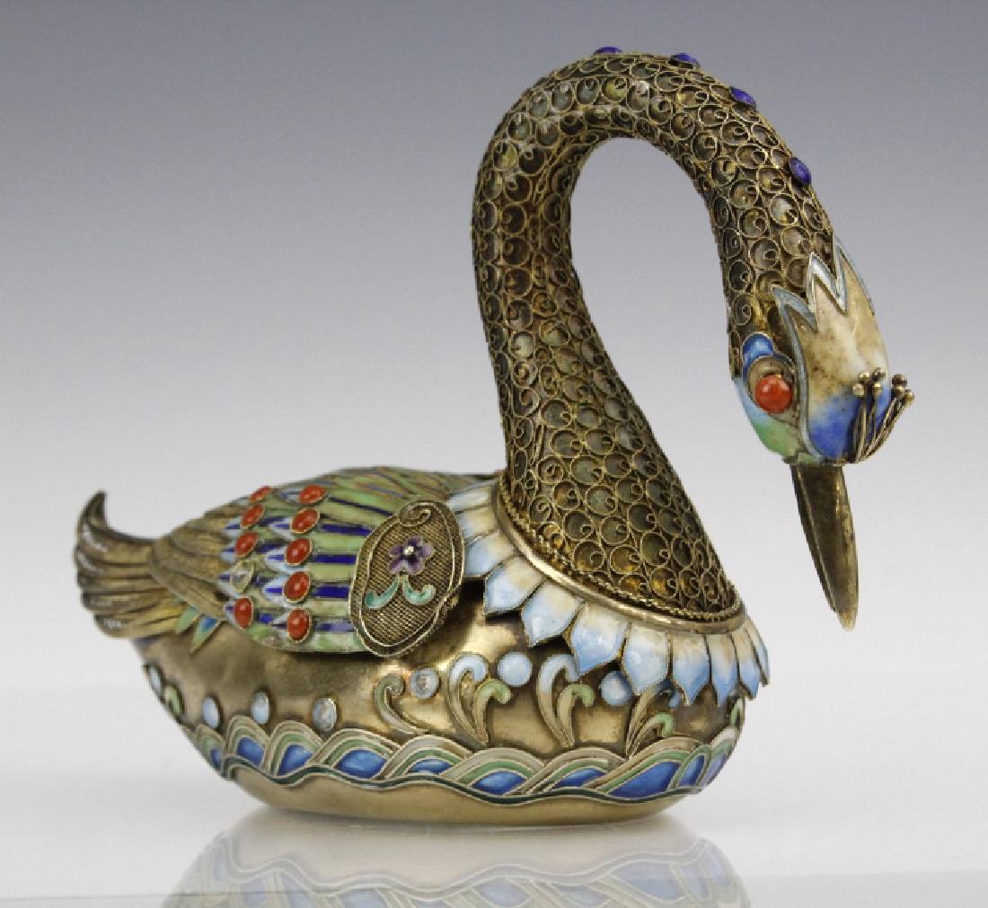 Antique Chinese Silver Enamel Swan Box with Coral (1 of 9)