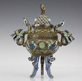 Chinese Silver Double Head Enameled Dragon Censor (1 of 10)