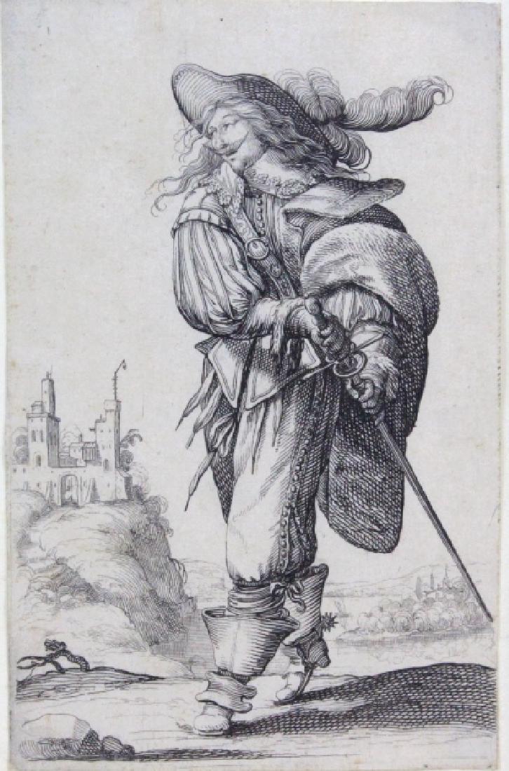 Abraham Bosse Swordsman Etching from BASS MUSEUM: Abraham Bosse (1602 - 1676) From Le Jardin de la Noblesse Francaise, 1629. Etching with engraving. Measures 5 1/2" x 3 1/2". Frame measures 16" x 14". Good condition. In house USA continental shipping