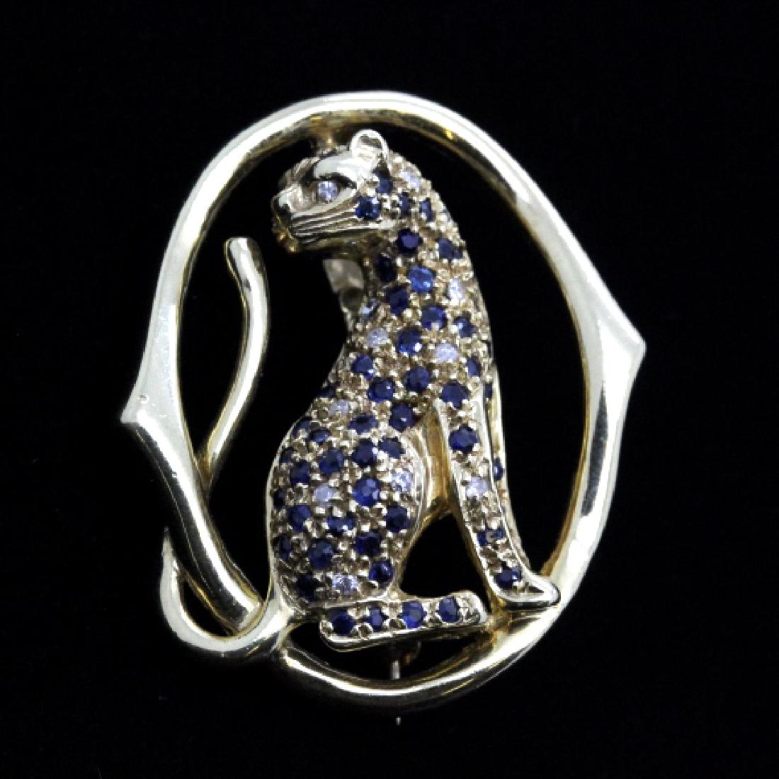 14k Sapphire & Diamond Leopard Pendant Brooch Pin (1 of 7)