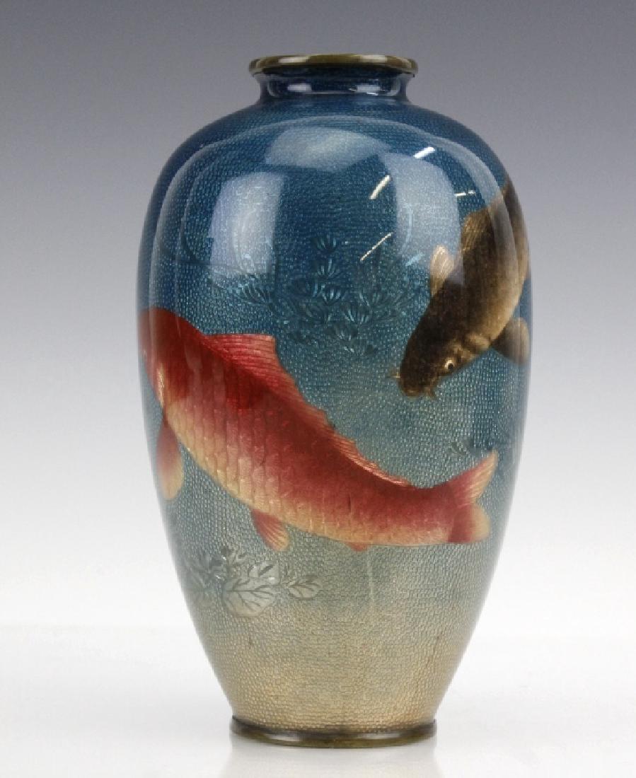Japanese Two Tone Cloisonne Enamel Koi Fish Vase