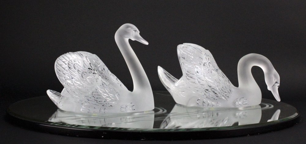 PAIR of Lalique Crystal Art Glass Swans w/ Mirror (1 of 10)