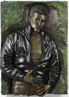 Signed Bill Mack Rebel James Dean Bronze Sculpture: Rebel sculpture by Bill Mack (1949- American). Crafted of bonded bronze. Features a iconic image of James Dean in deep three dimensional relief. Limited Edition number 11 of 95. Good Condition. Work