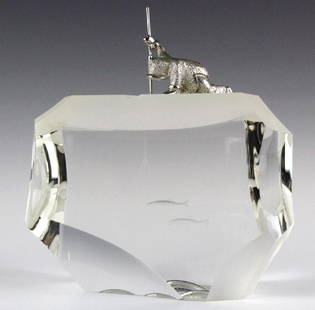 Steuben Arctic Fisherman Art Glass Sculpture RARE: Sculpture by Steuben. Title: Arctic Fisherman. Crafted of fine quality American art glass with sterling silver figure. Depicts an Alaskan Eskimo ice fishing on crystal iceberg. Designed by James