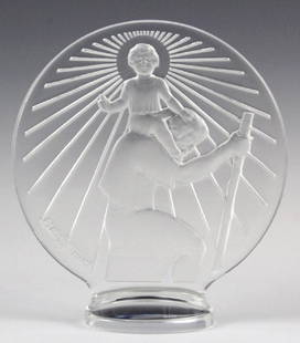 Rene Lalique Crystal Saint Christopher Car Mascot: Antique art deco car mascot hood ornament by Rene Lalique circa 1928. Crafted of fine quality French art glass. Depicts Saint Christopher religious figure. Signed with deep intaglio molded mark