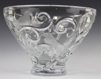 LARGE Lalique French Art Glass VERONE Bird Bowl: Signed Lalique art glass Verone bird bowl crafted of fine quality French art glass crystal. Features a curl motif with frosted intaglio cut bird design. Signed with an etched marking. Measures 7 1/2"