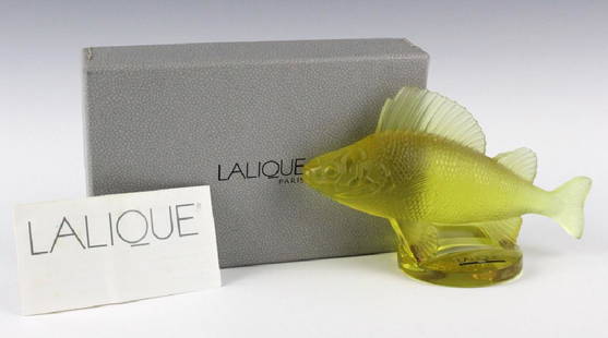 LALIQUE France Yellow Perche (Perch) Fish Figurine: Lalique art glass perche figurine. Crafted of fine French crystal. Features a well detailed recreation of a perch in yellow crystal with a frosted surface. Comes in original box. Signed Lalique