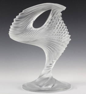 Lalique French Art Glass Moyen Modele Sculpture: Sculpture by Lalique Moyen Modele Trophy. Crafted of fine quality French art glass. Features a modernist twist staircase design. Signed Lalique France. Good condition with no damage to report.