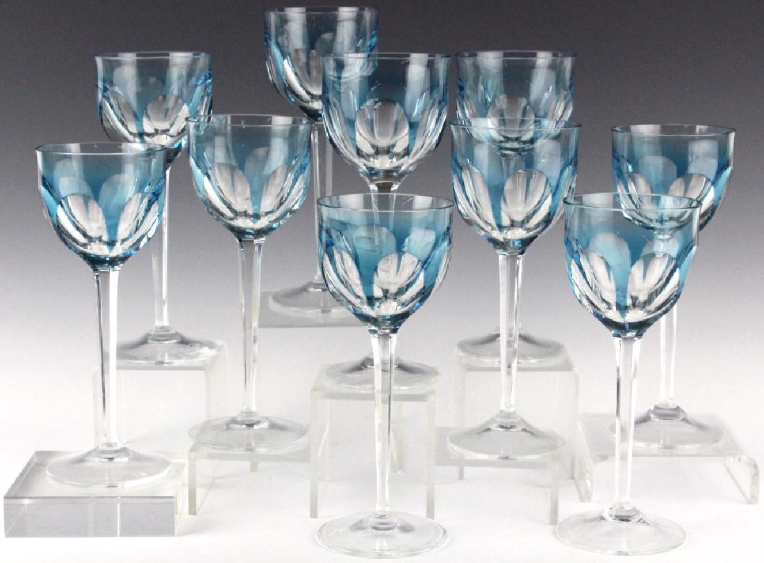 SET of 10 MOSER Crystal Aquamarine Wine Glasses: Tem Moser wine hocks. Crafted of fine Bohemian crystal. Features a simple but elegant faceted design in light blue cut to clear with a ling narrow stem. Measures 7 5/8" tall. Good overall condition. M