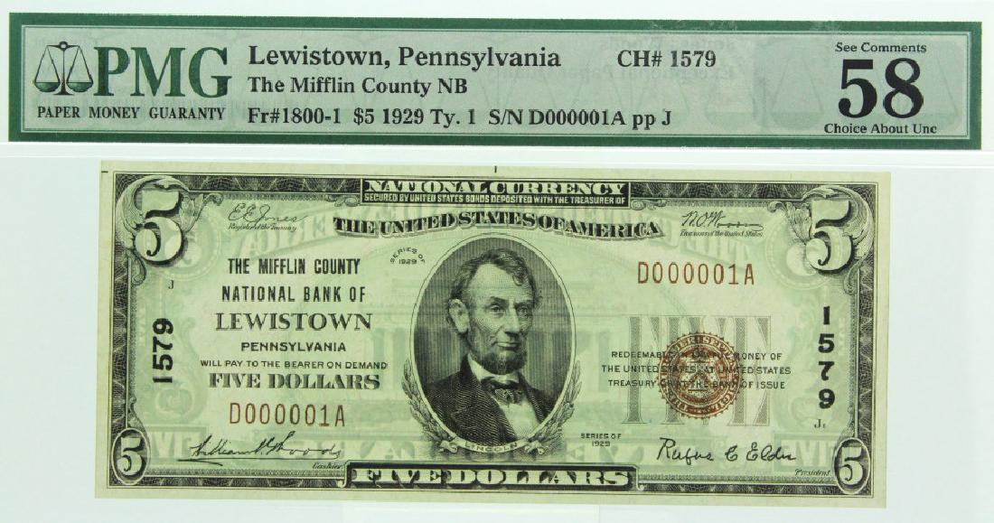 $5 Serial #1 Mifflin NB Lewiston PA National Note (1 of 1)