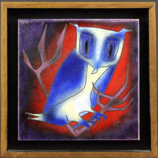 Joseph Trippetti Modernist Cloisonne Enamel Plaque: Joseph Trippetti (1923-Present). Wire cloisonne enamel plaque of a perched owl. Signed JT in the lower right. Alos signed on verso. Housed in wood frame. Work measures 6" x 6". Frame measure 7.75" x 7