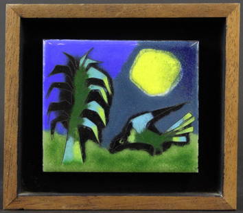 Joseph Trippetti Modernist Cloisonne Enamel Plaque: Joseph Trippetti (1923-Present). Wire cloisonne enamel plaque of a tree and bird. Signed on verso. Housed in a wood frame. Work measures 3" x 3.5". Frame measure 4.5" x 5.25". Guaranteed authentic. In