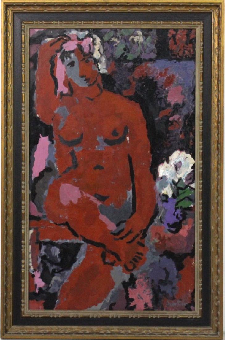 Andre Bieler ST. TROPEZ 62' Nude Lady Oil Painting: Andre Bieler (1896-1989) Canada, France, Switzerland. Oil on board painting featuring an abstract depiction of a nude woman. Titled St. Tropez and dated 1962. Signed lower right. Label on verso reads: