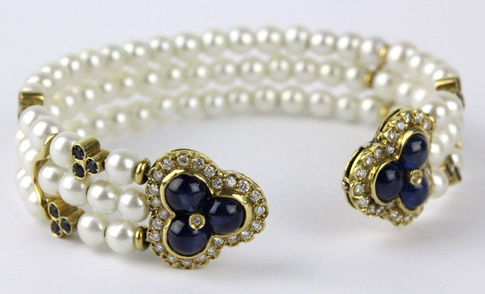 FINE 18k Gold Diamond Sapphire Pearl Cuff Bracelet (1 of 7)