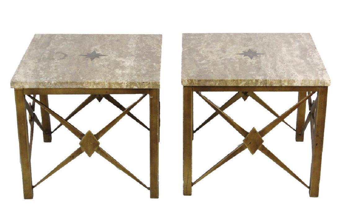 Pair Mid Century Modern Inlaid Bronze Marble Table (1 of 7)
