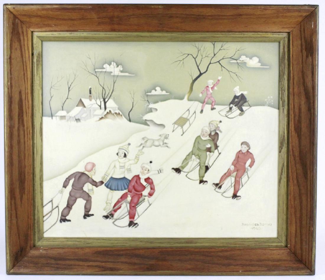 Barna Basilides Snow Scene Oil On Canvas Painting: Barna Basilides (1903 - 1967) Hungary. Original oil on canvas painting. Depicts a winter wonderland snow scene landscape with children and dog snow sledding. Signed lower and dated 1960 lower right. W