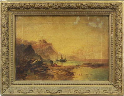 Antique George Horlor Welsh Landscape Oil Painting: Antique English school landscape oil on canvas painting attributed to George William Horlor (1823-1895 United Kingdom) Depicts Criccieth Castle in Wales in the background with figures and ships in the