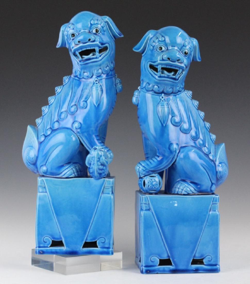 PAIR of Chinese Blue Glaze Porcelain Foo Dogs 14" (1 of 7)