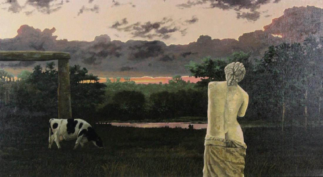 Ron Porter Surreal Landscape Oil Painting SIGNED: Painting by Ron Porter American. Oil on canvas painting depicting surrealist landscape with concrete nude statue and cow grazing. Signed and dated 97' across the top. Titled on verso evening muse #3. 