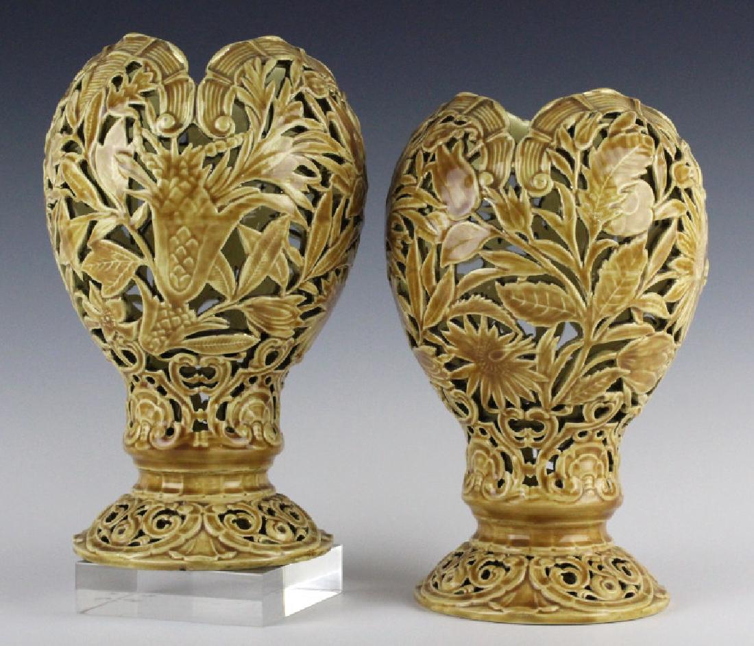 PAIR of Zsolnay Reticulated Floral Vases 10 1/4" (1 of 8)