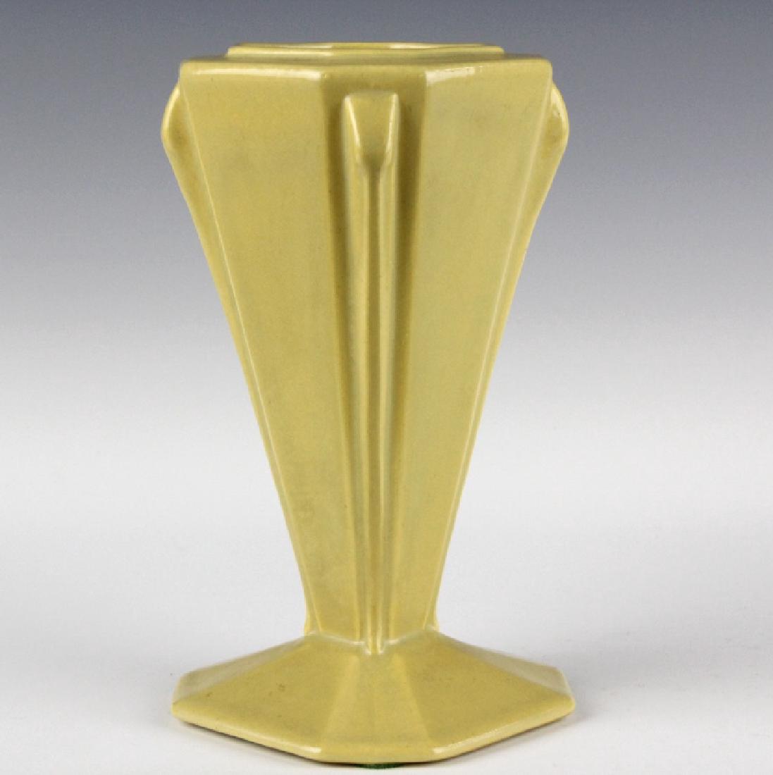 RARE Trail Glaze Roseville FUTURA Cone Vase 397-6: Rare, one of a kind, Roseville American art pottery Futura trial glaze square cone vase with original paper label. Features a square cone shape with a rare yellow trial glaze. Incredibly this comes wi
