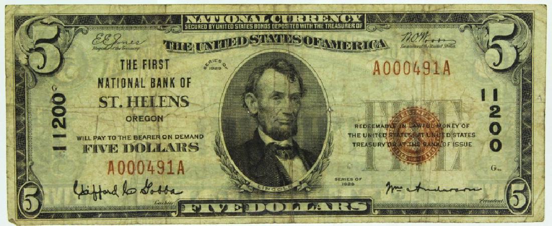 VERY RARE 1929 1st NB of St. Helens Oregon $5 Bill (1 of 2)