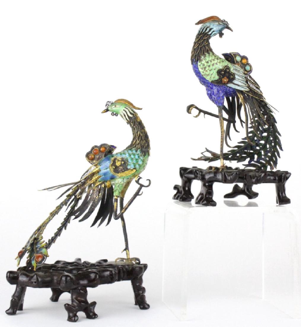 PAIR Chinese Enameled Silver Phoenix Bird Statues (1 of 10)