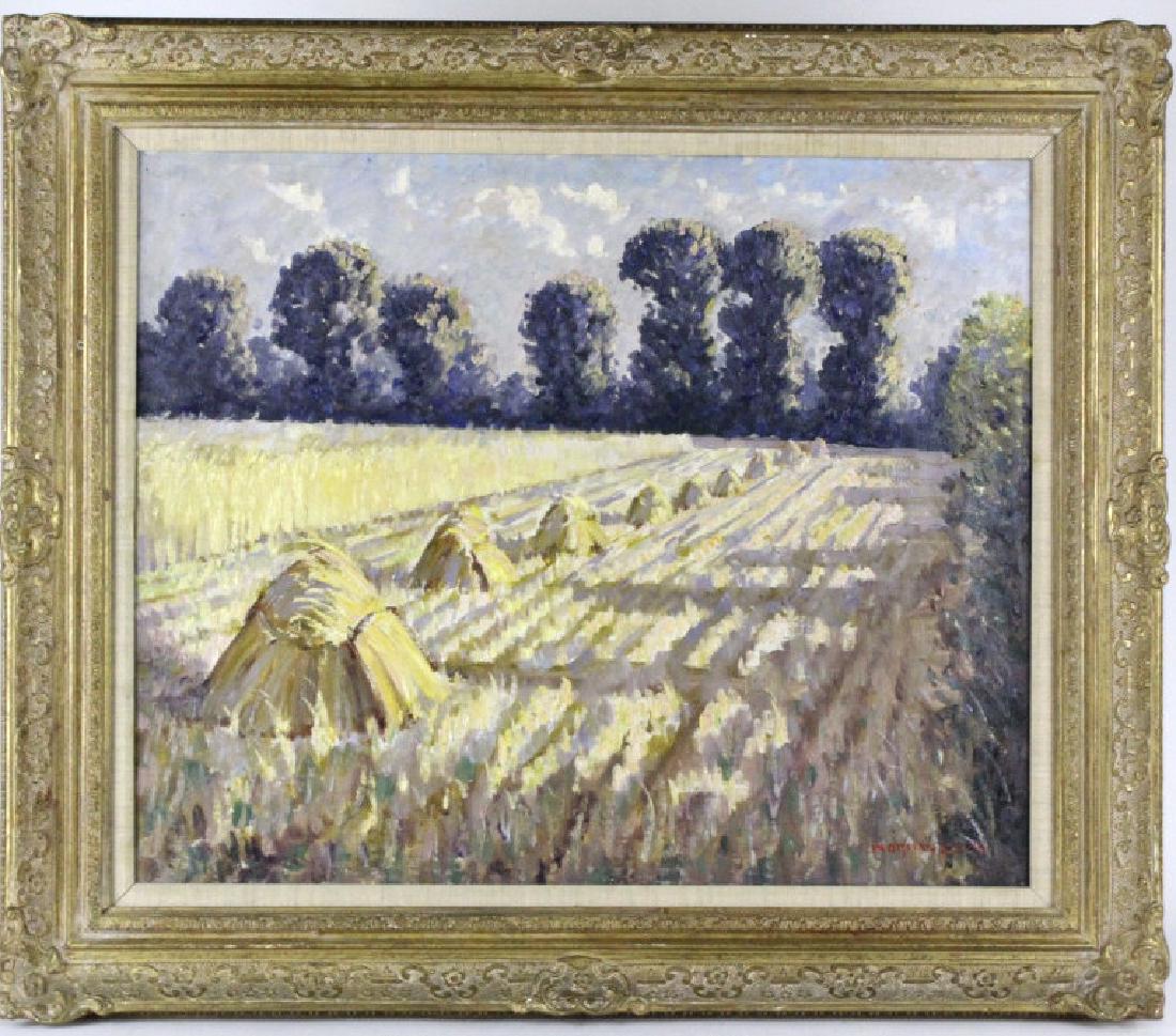 Norman Lloyd Haystack Landscape Oil Painting 19x24: Norman Lloyd (1895 - 1983) Australia, England. Original oil on canvas painting. Depicts a farm country landscape with haystacks and or wheat corn field. Signed lower right. Work measures approximately