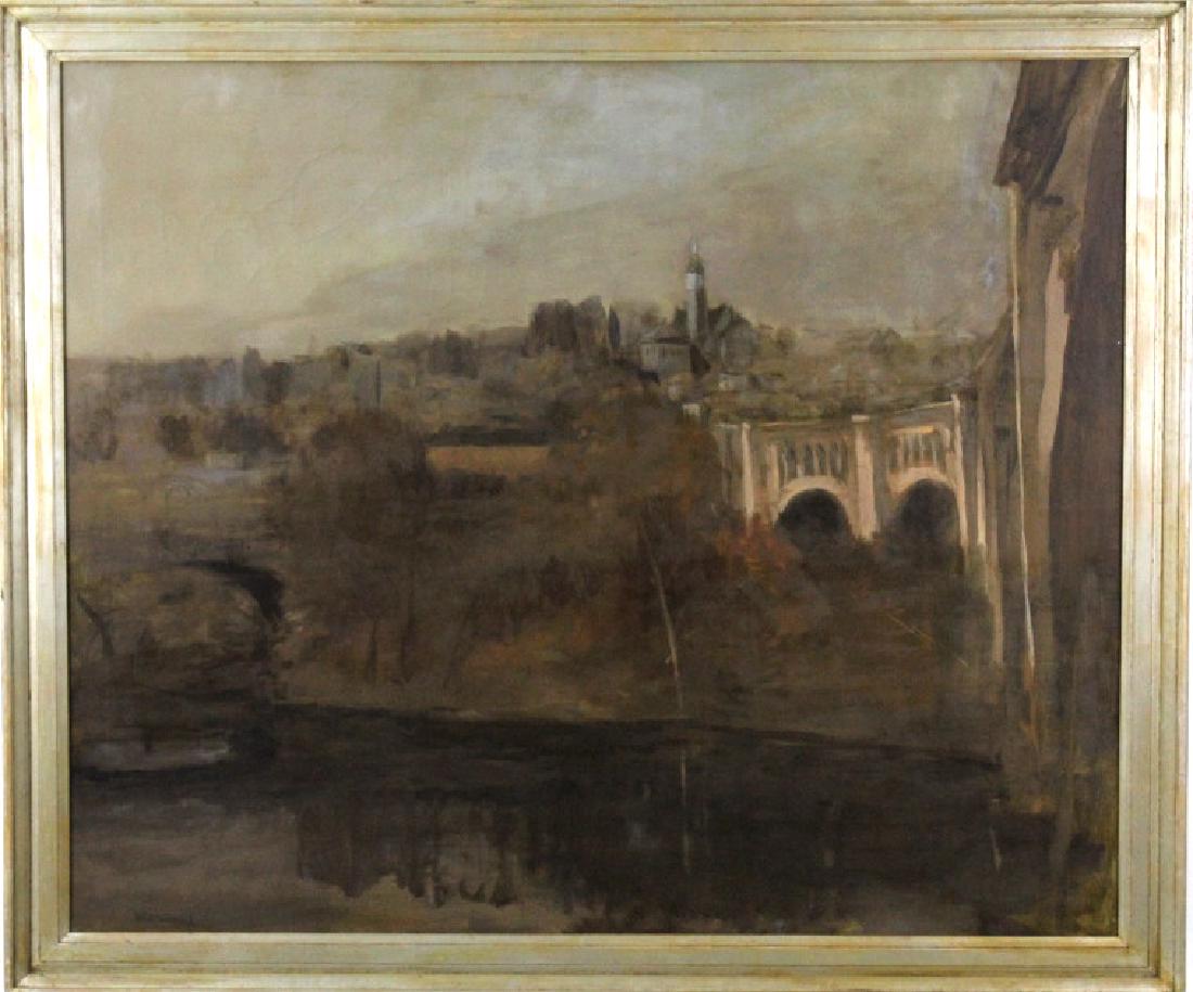 Seymour Remenick Landscape Oil on Canvas Painting: Seymour Remenick (1923 - 1999) American Pennsylvania, Michigan. Original oil on canvas painting. Depicts a architectural scenic landscape. Signed lower left. Work measures approximately 30" x 36". Fra