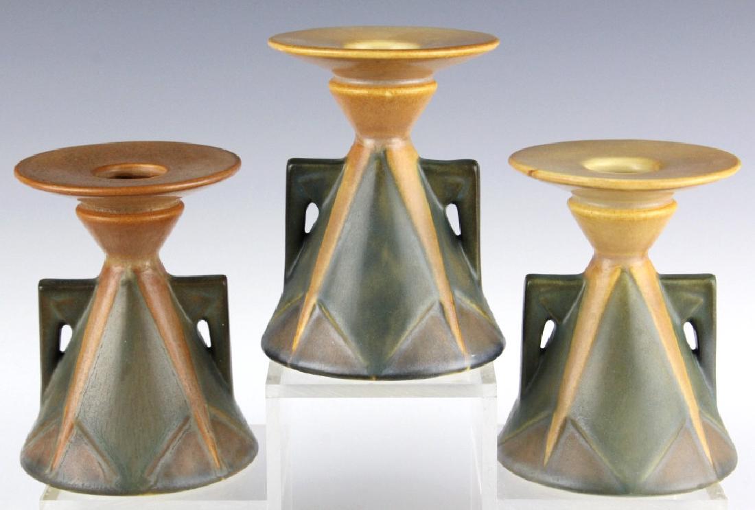 3 Roseville FUTURA Aztec Lady Candlesticks 1072-4 (1 of 8)