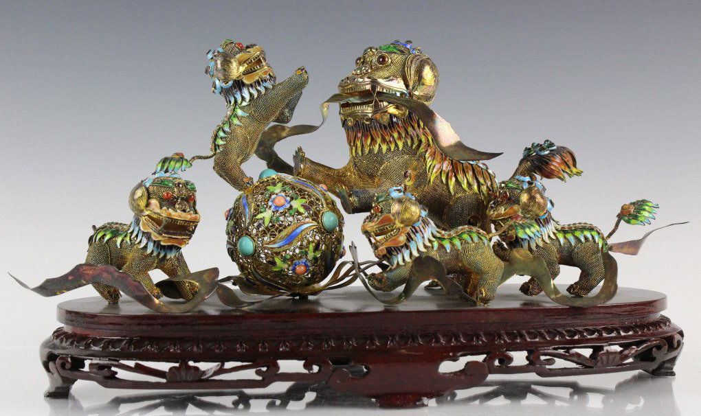 Chinese Silver Wire Filigree Enamel Jewel Foo Dogs (1 of 9)