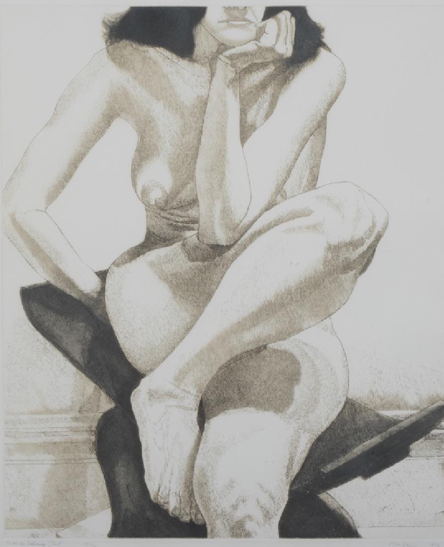 Philip Pearlstein Nude on Dahomey Stool Etching: Original signed and numbered limited edition soft ground etching print on paper by Philip Pearlstein (1924 New York) Nude on Dahomey Stool depicts a female nude in the realist style. Pencil signed and