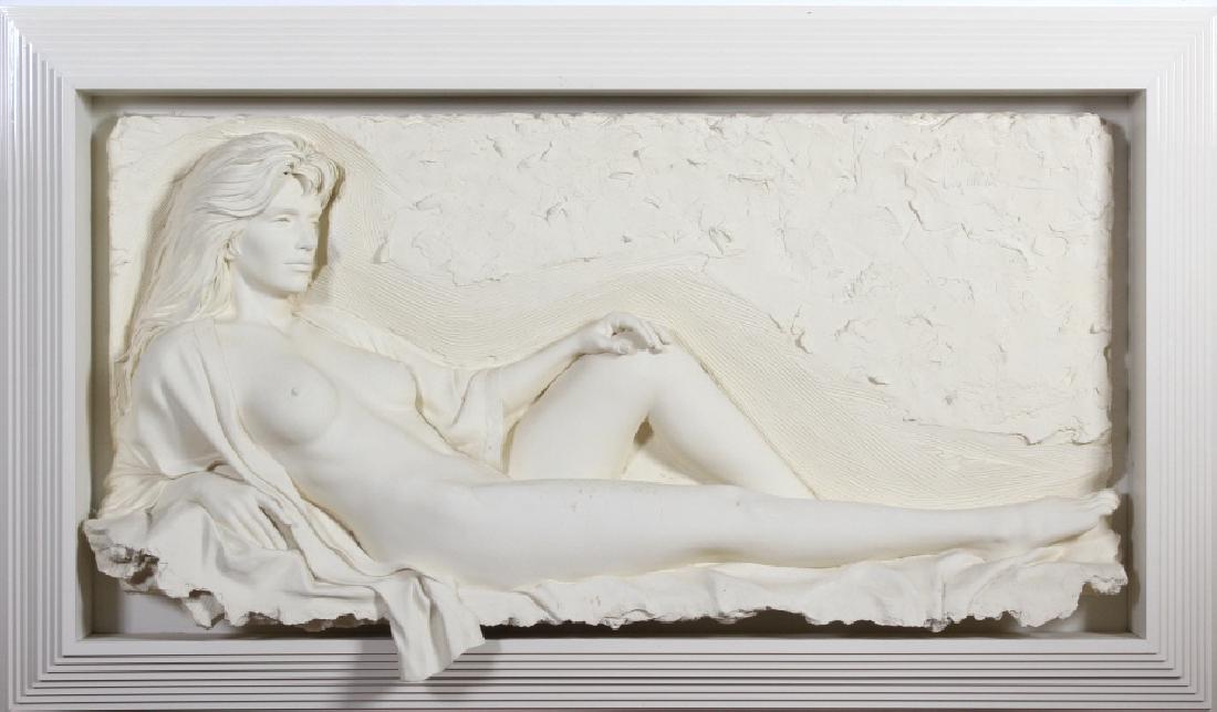 Signed BILL MACK FASCINATION Female Nude Sculpture: Bill Mack (1949-Present) USA, three dimentional bonded sand wall sculpture. Features the work titled; Fascination. Signed upper right. Numbered 87/140. Work measures 33 1/2" x 60". Housed in frame mea