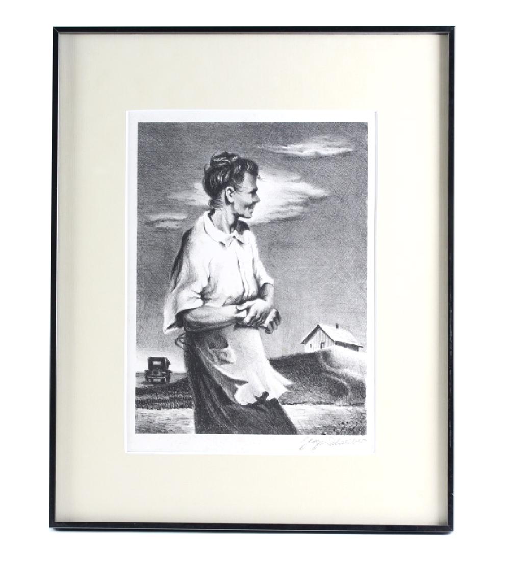 SIGNED Georges Schreiber Farm Woman Lithograph: Georges Schreiber (1904-1977) New York, Belgium, lithograph. Depicts a woman gazing in the distance while the wind blows. Small farmhouse and car in the background. Signed in pencil lower right. Sight