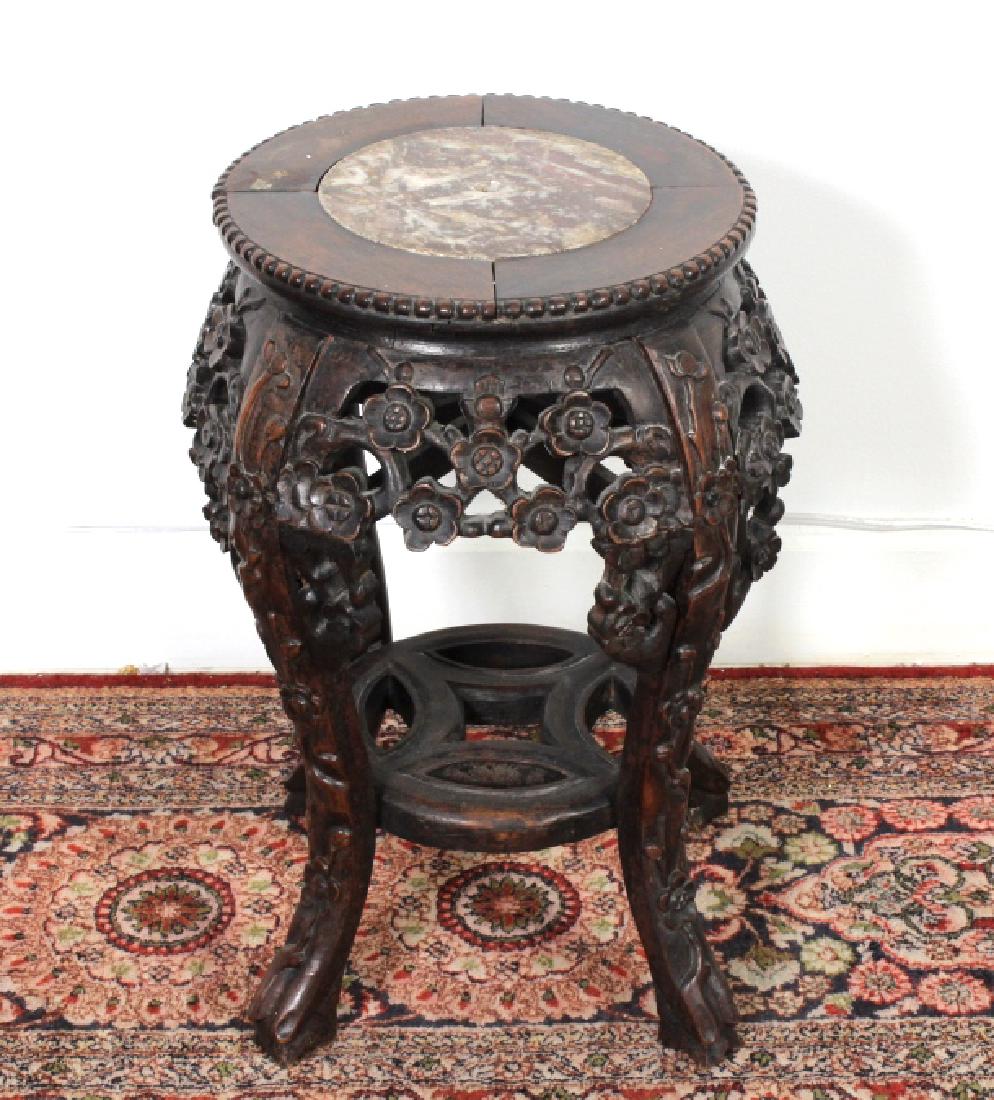 Chinese Marble Inset Carved Wood End Table Stand (1 of 6)