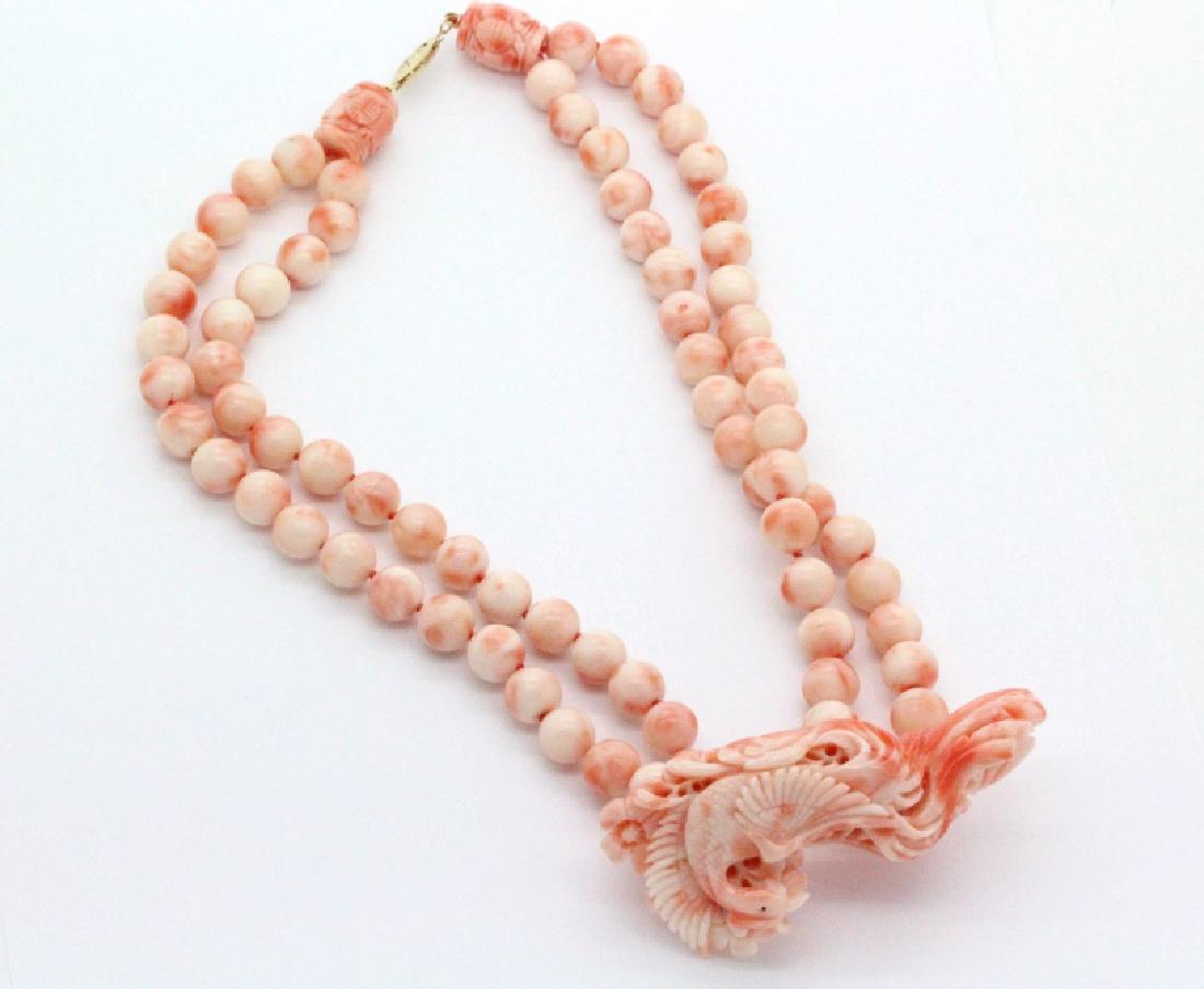 Chinese Carved Pink Angel Skin Coral Necklace 163g (1 of 6)