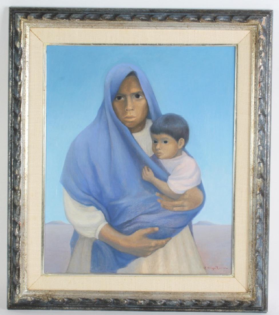 Carlos Orozco Romero Mexican Lady w Child Painting: Signed original oil on canvas painting by Carlos Orozco Romero (1898-1984 Mexico) Depicts a young mother holding her child. Signed in the lower right. Housed in a carved silver leaf frame with linen l