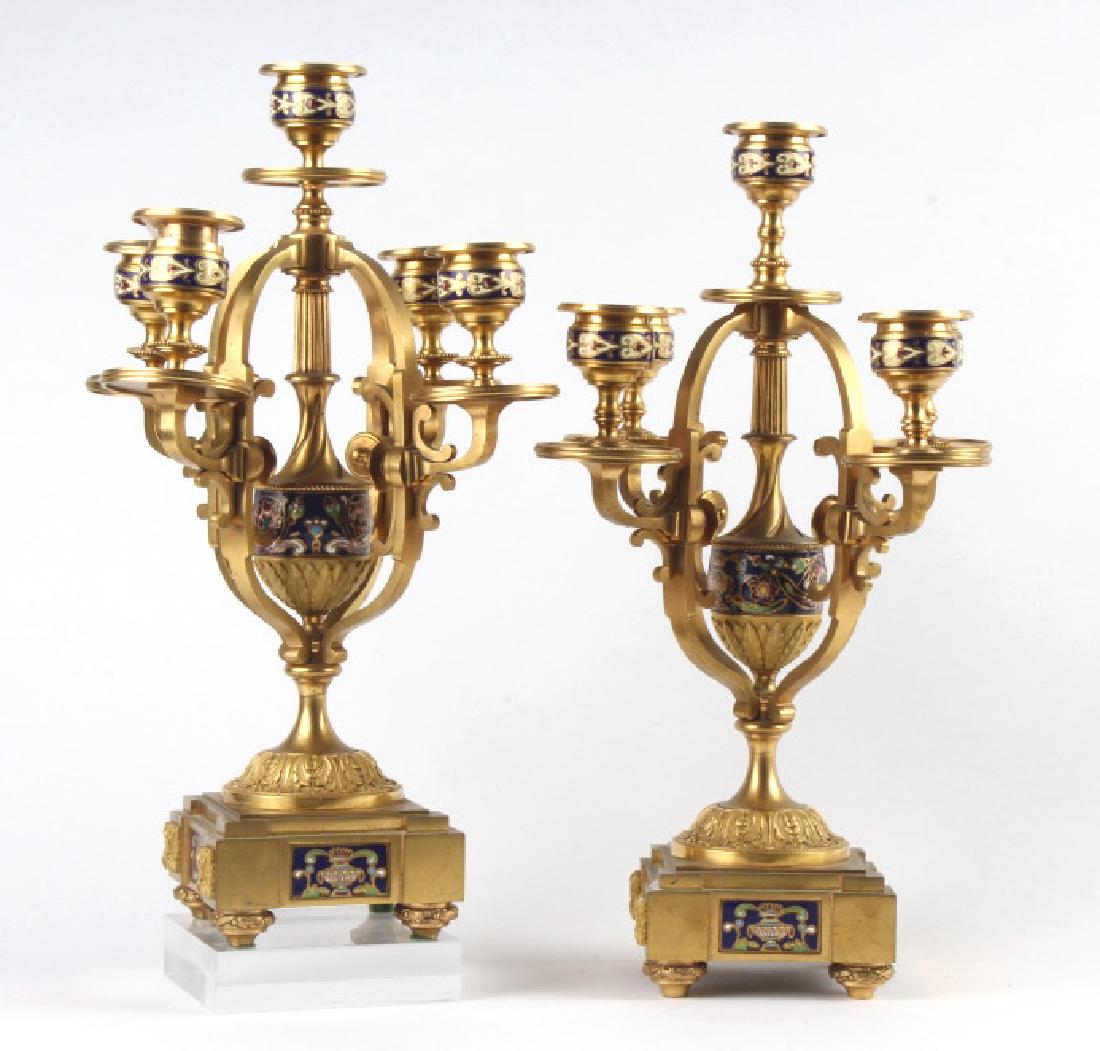PAIR Dore Bronze Champleve Enamel Candelabras 14" (1 of 6)