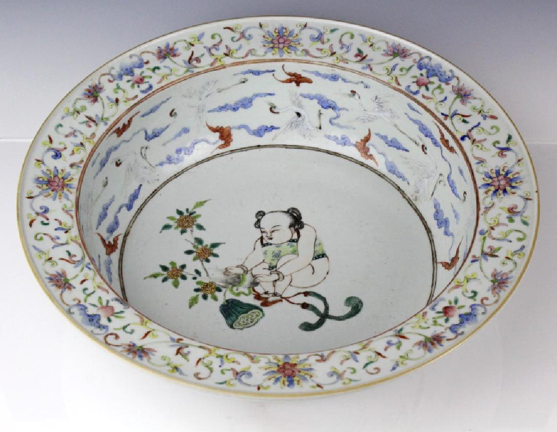 Antique Chinese Enamel Figural & Crane 15"  Bowl (1 of 6)