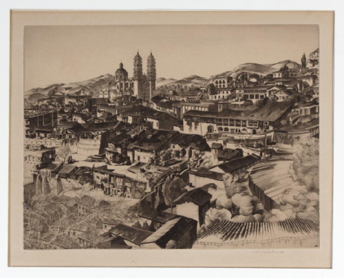 John Taylor Arms Light & Shade Etching BASS MUSEUM: John Taylor Arms (1887-1953) USA, etching on paper. Features the work titled; Light and Shade, Taxco. Pencil signed lower right, dated 1946. Measures 10 1/4" x 13 1/2". Unframed. Good overall conditio