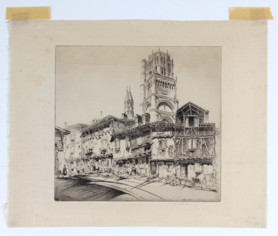 SIGNED John Taylor Arms ALBI Etching BASS MUSEUM: John Taylor Arms (1887-1953) USA, etching on paper. Features the work titled; Albi. Pencil signed lower right, dated 1927. Measures 9 1/2" x 10". Unframed. Good overall condition with tape on top bord