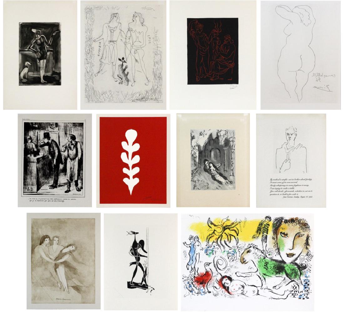 Matisse Picasso Chagall Durand Cocteau BASS MUSEUM: Collection of Master Prints / Etchings. Includes 12 paper etchings. Grouping of all various types of prints. Included is; Jean Cocteau, plate signed image measures 8 1/2" x 6" Paper measures 16" x 12.