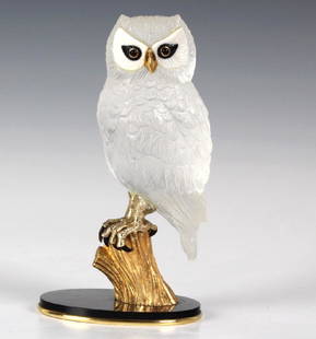 Important Boucheron Rock Crystal 18k Owl Statue: Fine hand carved rock crystal owl statue by Boucheron France. Inset white and black onyx eyes with gold beak. Gold feet with carved tigers eye talons. Rests on a solid 18k gold tree trunk mounted