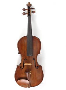 Antique 19th Century Carlo Bergonzi Copy Violin: Features a heavily figured one piece back. Partial label inside. Assumed to be a 19th century copy. Measures 23 1/2" x 8". Good condition with mild wear to finish. Repaired cracks and small patch to