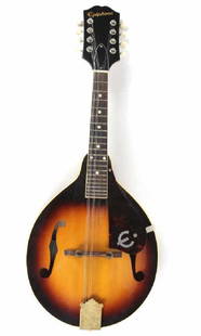 Vintage Epiphone EM66 Venetian Sunburst Mandolin: Very nice vintage mandolin by Epiphone. Model EM66 Venetian in sunburst. Comes with the crocodile embossed carrying case. Measures 25 1/2" x 10 1/4". Good condition with mild surface wear, missing